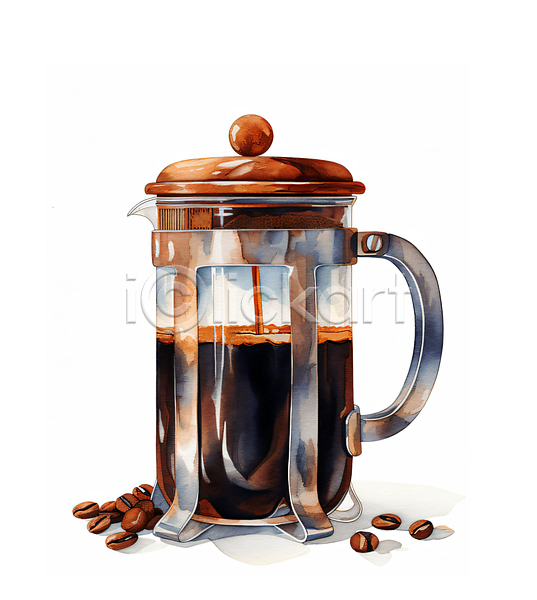 사람없음 JPG 일러스트 갈색 드립커피 수채화(물감) 오브젝트 원두 음료 카페 커피 프렌치프레스
