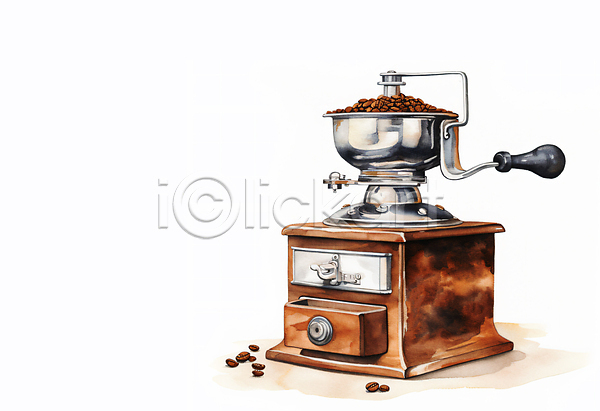 사람없음 JPG 일러스트 갈색 그라인더 수채화(물감) 오브젝트 원두 카페 커피