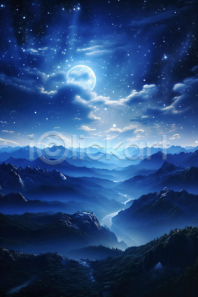 사람없음 JPG 편집이미지 구름(자연) 달 별 빛 산 야경 파란색 하늘