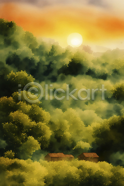 사람없음 JPG 일러스트 계절 그림 백그라운드 수채화(물감) 숲 자연 주택 태양 풍경(경치)