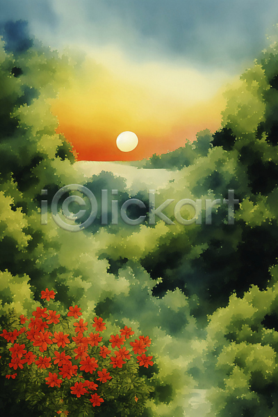 사람없음 JPG 일러스트 계절 그림 꽃 백그라운드 수채화(물감) 숲 자연 태양 풍경(경치)
