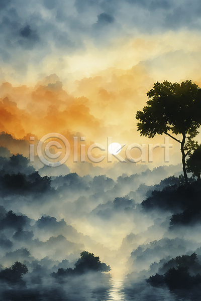 사람없음 JPG 일러스트 계절 그림 나무 백그라운드 수채화(물감) 자연 태양 풍경(경치)