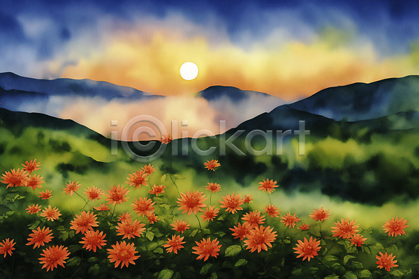 사람없음 JPG 일러스트 계절 그림 꽃 백그라운드 산 수채화(물감) 자연 태양 풍경(경치)