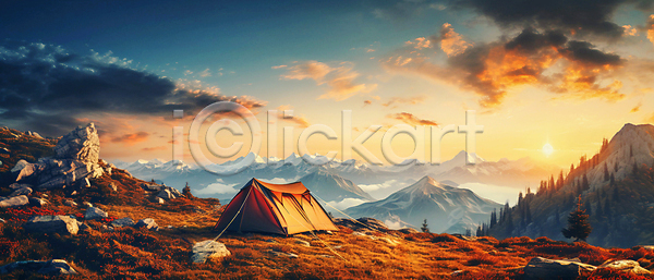 사람없음 JPG 편집이미지 구름(자연) 나무 바위(돌) 백그라운드 산 산등성이 일몰 자연 정상 캠핑 태양 텐트 풍경(경치) 하늘