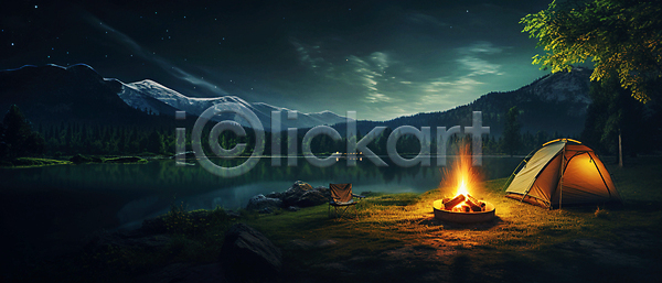사람없음 JPG 편집이미지 나뭇잎 모닥불 밤하늘 백그라운드 별 산 자연 캠핑 캠핑의자 텐트 풍경(경치) 호수