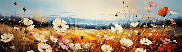 사람없음 JPG 디지털합성 편집이미지 가을(계절) 구름(자연) 붓터치 유화 코스모스(꽃) 풀(식물) 풍경(경치) 하늘