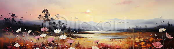 사람없음 JPG 디지털합성 편집이미지 가을(계절) 강 붓터치 산 유화 일몰 코스모스(꽃) 태양 풀(식물) 풍경(경치)