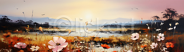 사람없음 JPG 디지털합성 편집이미지 가을(계절) 강 붓터치 산 유화 일몰 조류 코스모스(꽃) 태양 풀(식물) 풍경(경치)
