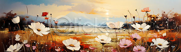 사람없음 JPG 디지털합성 편집이미지 가을(계절) 강 붓터치 산 유화 일몰 코스모스(꽃) 태양 풀(식물) 풍경(경치)