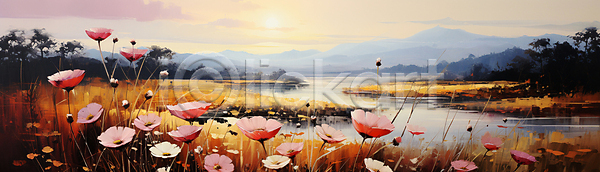 사람없음 JPG 디지털합성 편집이미지 가을(계절) 강 구름(자연) 붓터치 산 유화 일몰 코스모스(꽃) 태양 풀(식물) 풍경(경치)