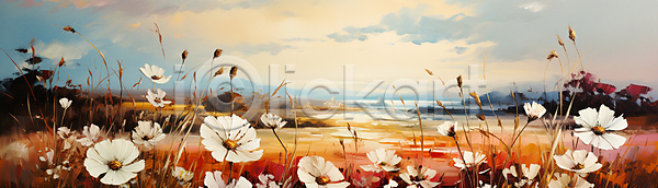 사람없음 JPG 디지털합성 편집이미지 가을(계절) 구름(자연) 붓터치 유화 일몰 코스모스(꽃) 풀(식물) 풍경(경치) 하늘