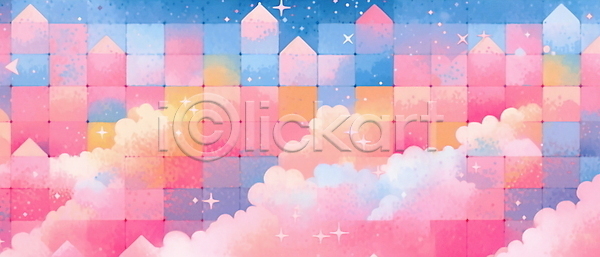 사람없음 JPG 일러스트 구름(자연) 반짝임 백그라운드 번짐 별 분홍색 사각형 수채화(물감) 아기자기 추상 키치 파란색 파스텔톤 패턴 퍼즐