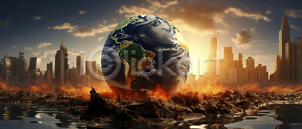 지구온난화 환경오염 사람없음 JPG 편집이미지 구름(자연) 기온상승 기후위기 도시 불 빌딩 이상고온 지구 하늘 햇빛