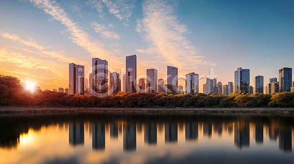 사람없음 JPG 편집이미지 강 건물 구름(자연) 도시 반사 비즈니스 빌딩 빌딩숲 와이드앵글 일출 전경 태양 하늘