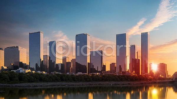 사람없음 JPG 편집이미지 강 건물 구름(자연) 도시 반사 비즈니스 빌딩 빌딩숲 와이드앵글 일출 전경 태양 하늘