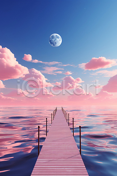 사람없음 JPG 편집이미지 구름(자연) 다리(건축물) 달 물결 바다 백그라운드 부둣가 분홍색 일몰 자연 파란색 풍경(경치) 하늘
