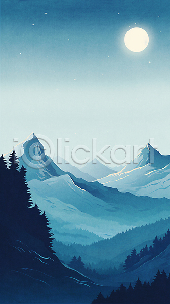 사람없음 JPG 일러스트 밤하늘 백그라운드 별 보름달 산 숲 야경 자연 파란색 풍경(경치) 하늘