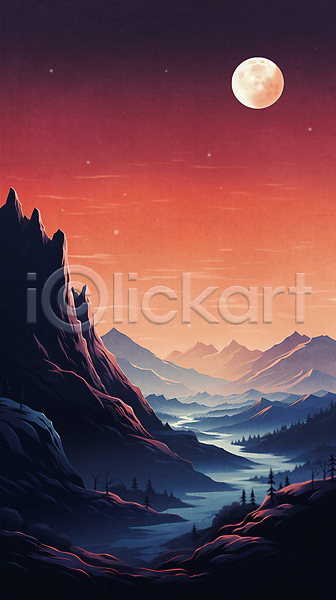 사람없음 JPG 일러스트 백그라운드 별 보름달 빨간색 산맥 숲 야경 일몰 자연 절벽 풍경(경치) 하늘