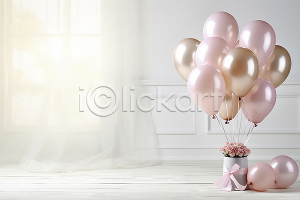 사람없음 JPG 편집이미지 공간 기념 꽃 돌잔치 리본 백그라운드 분홍색 선물 창문 첫돌 커튼 풍선 흰색