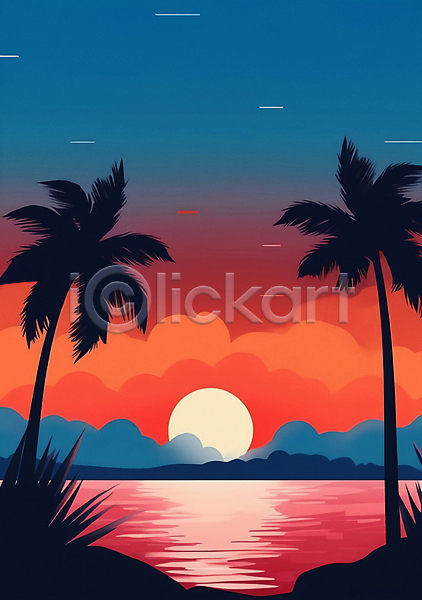 사람없음 JPG 실루엣 편집이미지 구름(자연) 그라데이션 백그라운드 빨간색 야자수 여름(계절) 일몰 태양 파란색 포스터 풀(식물) 풍경(경치) 하늘 해변