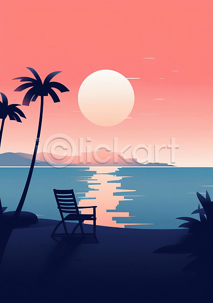 사람없음 JPG 편집이미지 백그라운드 분홍색 야자수 여름(계절) 의자 일몰 태양 파란색 포스터 풍경(경치) 하늘 해변