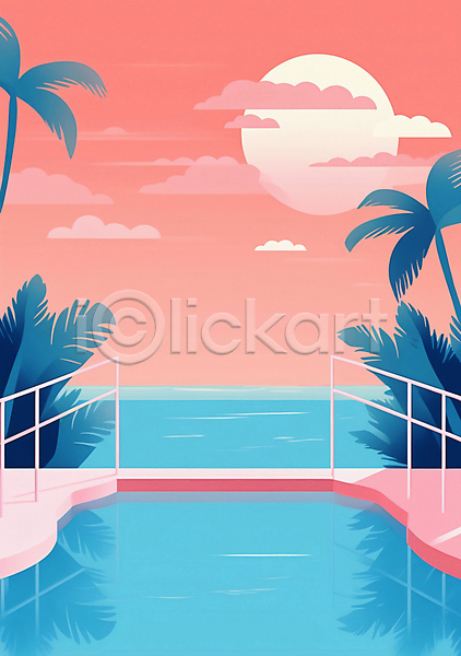 사람없음 JPG 편집이미지 구름(자연) 백그라운드 분홍색 수영장 야자수 여름(계절) 일몰 태양 포스터 풍경(경치) 하늘 하늘색 해변