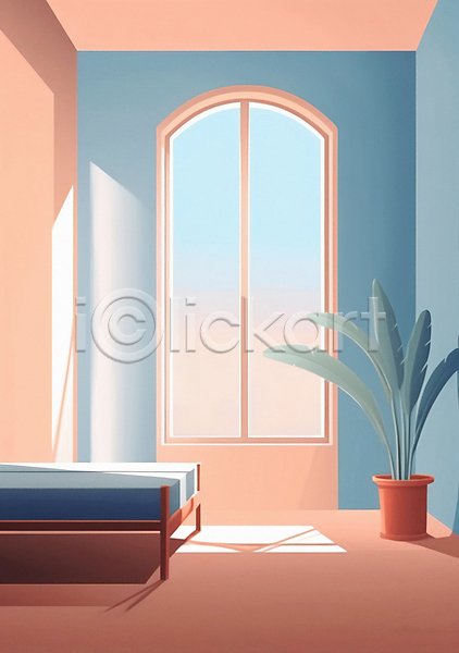 사람없음 JPG 일러스트 편집이미지 방 백그라운드 여름(계절) 인테리어 창문 침대 침실 포스터 햇빛 화분