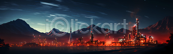 사람없음 JPG 디지털합성 편집이미지 공간 공장 밤하늘 배너 빛 빨간색 산 산업 시설 조명 하늘 하이테크
