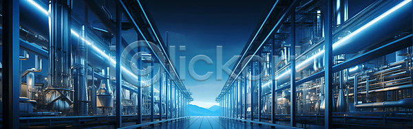 사람없음 JPG 디지털합성 편집이미지 공간 배너 복도 빛 산업 시설 조명 파란색 파이프(관) 하늘 하이테크