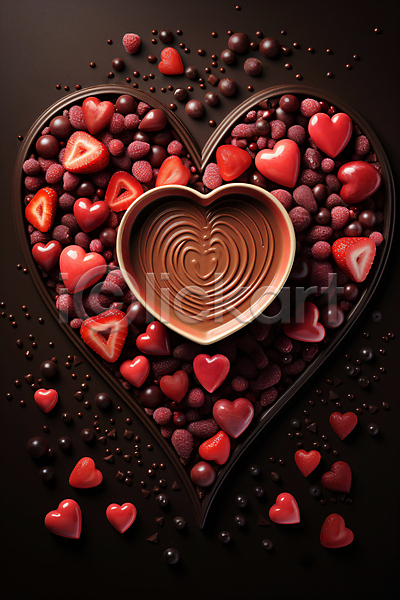 사랑 사람없음 JPG 디지털합성 편집이미지 갈색 딸기 발렌타인데이 빨간색 초콜릿 하트