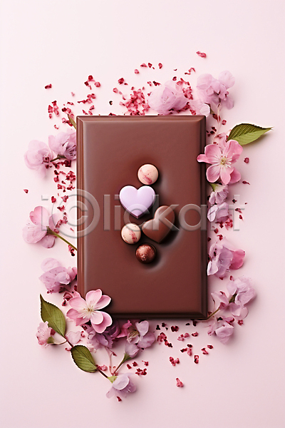 사랑 사람없음 JPG 디지털합성 편집이미지 갈색 꽃 나뭇잎 발렌타인데이 분홍색 초콜릿 하트
