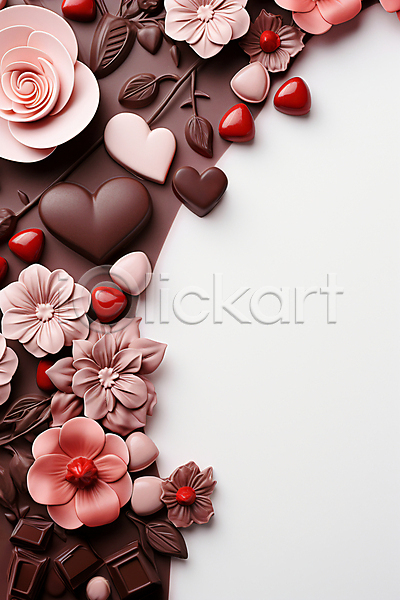 사랑 사람없음 JPG 디지털합성 편집이미지 갈색 꽃 발렌타인데이 잎 초콜릿 카피스페이스 하트