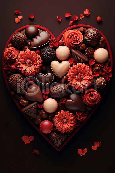 사랑 사람없음 JPG 디지털합성 편집이미지 갈색 꽃 발렌타인데이 빨간색 초콜릿 하트