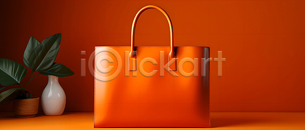 사람없음 JPG 디지털합성 편집이미지 가방 배너 백그라운드 쇼핑 쇼핑백 주황색 핸드백 화분
