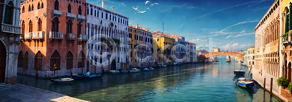 사람없음 JPG 디지털합성 편집이미지 강 건물 다리(건축물) 배(교통) 백패커 베네치아 여행 풍경(경치) 하늘
