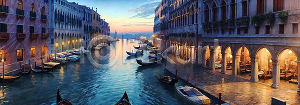 사람없음 JPG 디지털합성 편집이미지 강 건물 노을 배(교통) 백패커 베네치아 여행 풍경(경치) 하늘