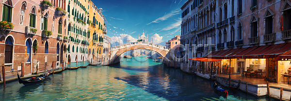 사람없음 JPG 디지털합성 편집이미지 강 건물 구름(자연) 다리(건축물) 배(교통) 백패커 베네치아 여행 풍경(경치) 하늘