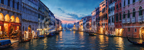 사람없음 JPG 디지털합성 편집이미지 강 건물 구름(자연) 노을 배(교통) 백패커 베네치아 여행 풍경(경치) 하늘
