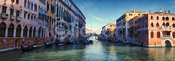 사람없음 JPG 디지털합성 편집이미지 강 건물 다리(건축물) 배(교통) 백패커 베네치아 여행 풍경(경치) 하늘