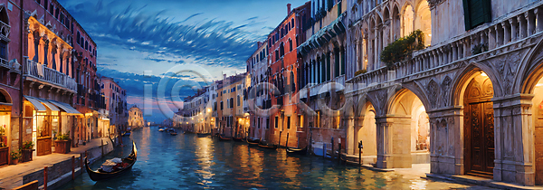 사람없음 JPG 디지털합성 편집이미지 강 건물 구름(자연) 배(교통) 백패커 베네치아 빛 여행 풍경(경치) 하늘