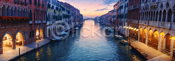 사람없음 JPG 디지털합성 편집이미지 강 건물 노을 배(교통) 백패커 베네치아 여행 풍경(경치) 하늘