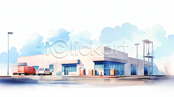 사람없음 JPG 일러스트 건물 구름(자연) 문 상업시설 상점 수채화(물감) 외관 창문 트럭 하늘