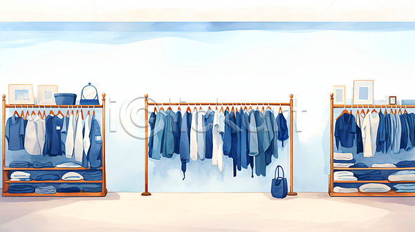 사람없음 JPG 일러스트 가방 거울 건물 내부 상업시설 수채화(물감) 옷가게 옷걸이 인테리어 티셔츠 파란색