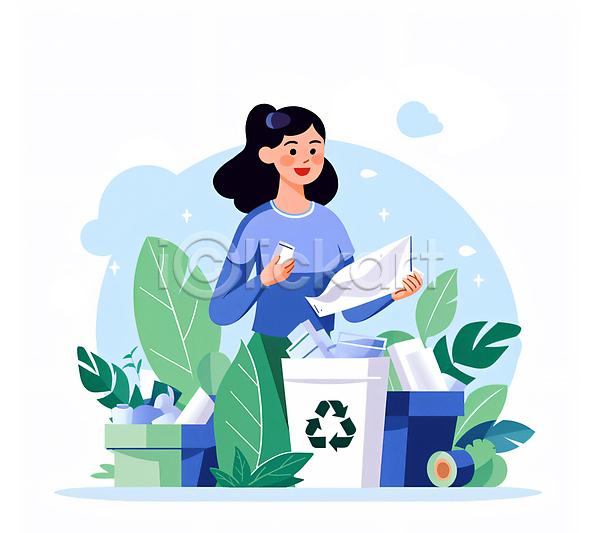 성인 성인여자한명만 여자 한명 JPG 일러스트 들기 버리기 분리수거 상반신 쓰레기 쓰레기통 에코 잎 자연보호 재활용 초록색 캠페인 파란색 화분