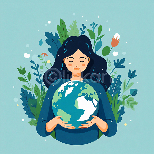 성인 성인여자한명만 여자 한명 JPG 일러스트 꽃 들기 미소(표정) 상반신 안기 에코 자연보호 지구 청록색 친환경 캠페인 하늘색