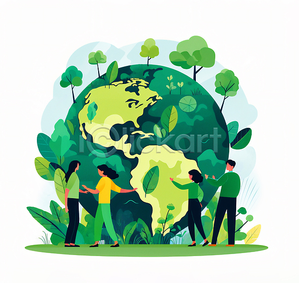 남자 성인 성인만 여러명 여자 JPG 일러스트 나무 나뭇잎 에코 자연보호 전신 지구 초록색 캠페인 풀(식물)