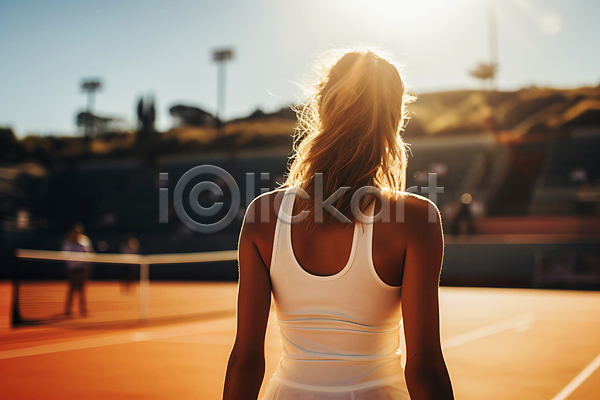 성인 성인여자한명만 여자 한명 JPG 편집이미지 경기장 네트 노을 상반신 야외 테니스선수 테니스장