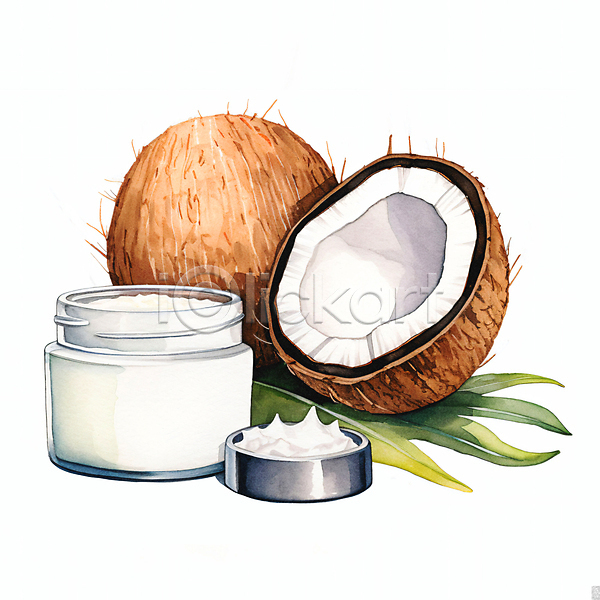 사람없음 JPG 일러스트 공병 나뭇잎 뷰티 비건 수채화(물감) 열매 코코넛 크림 화장품
