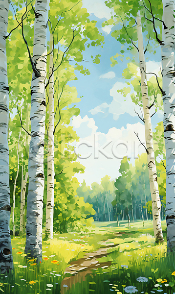 사람없음 JPG 일러스트 백그라운드 숲 여름(계절) 여름풍경 자작나무 초록색 풍경(경치)