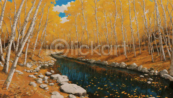 사람없음 JPG 일러스트 가을(계절) 가을풍경 강 낙엽 단풍 백그라운드 숲 자작나무 주황색 풍경(경치)